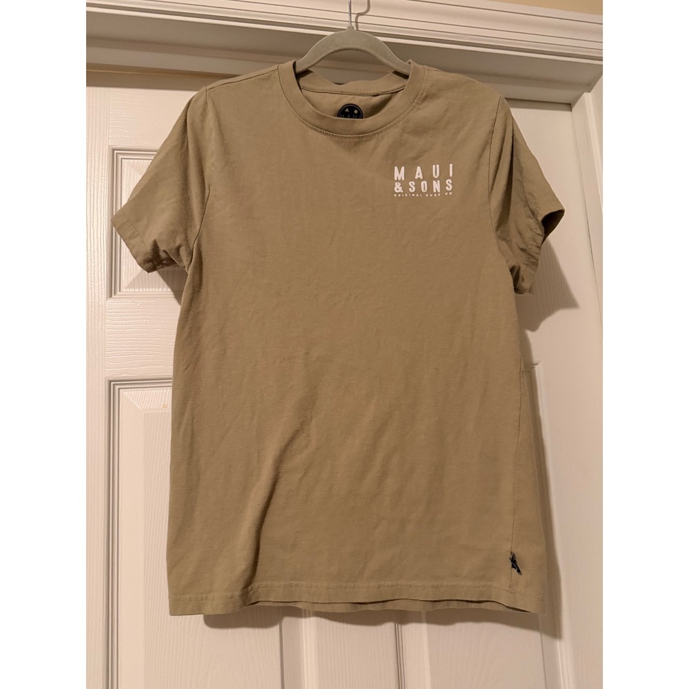 Maui and Sons Tan Shark Graphic Surf T-Shirt Mens Small Khaki Short Sleeve